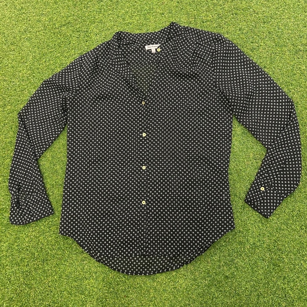 Juicy Couture Black White Diamond Print Button Down Blouse Small Long Sleeve